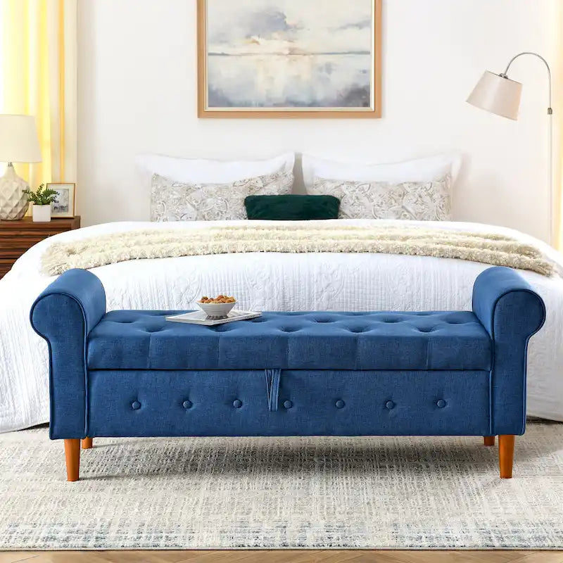 Modern Fabric Upholstered Storage Bench with Tufted Button and Rolled Arm