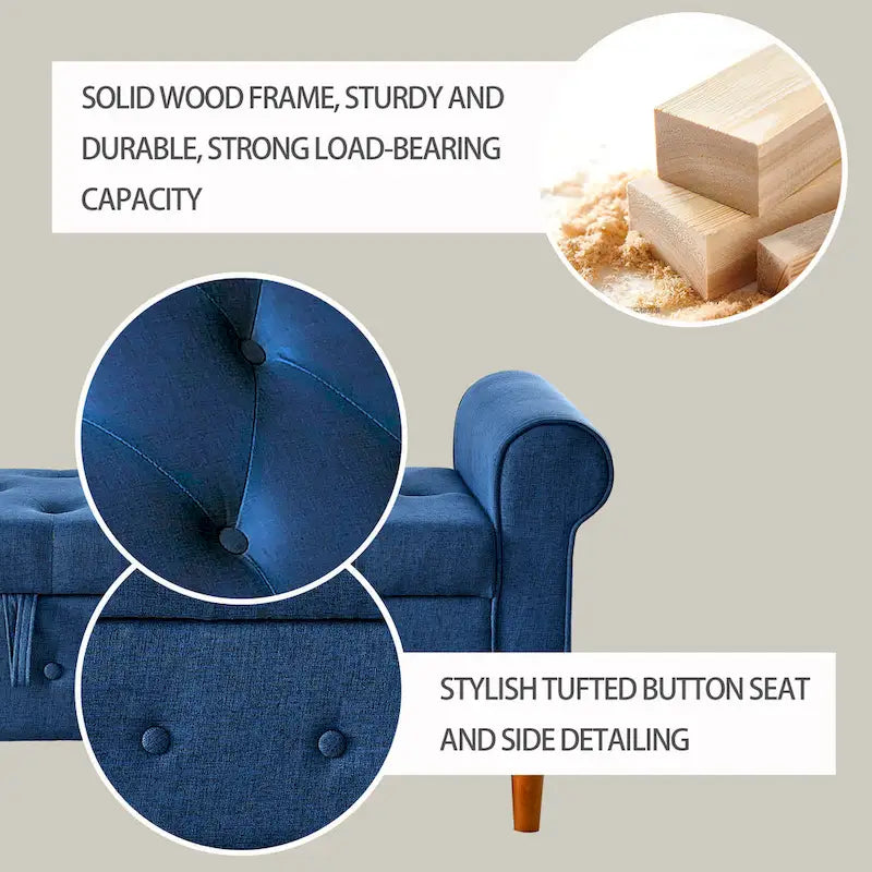 Modern Fabric Upholstered Storage Bench with Tufted Button and Rolled Arm