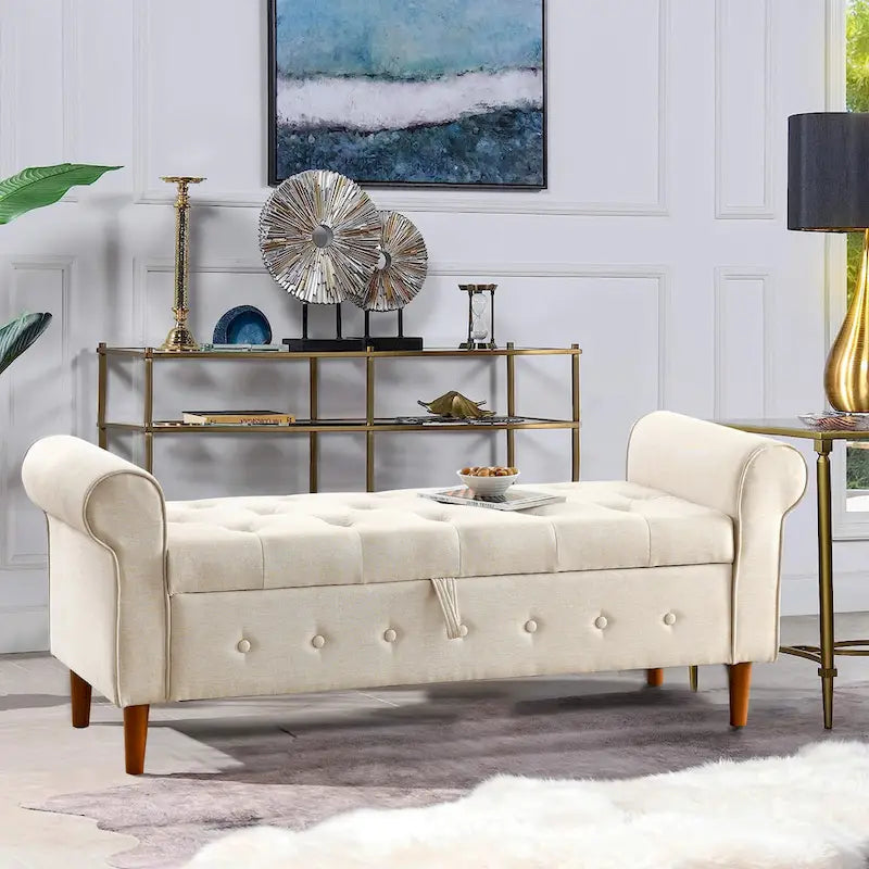 Modern Fabric Upholstered Storage Bench with Tufted Button and Rolled Arm