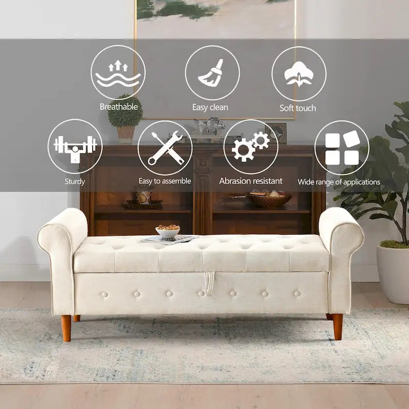 Modern Fabric Upholstered Storage Bench with Tufted Button and Rolled Arm