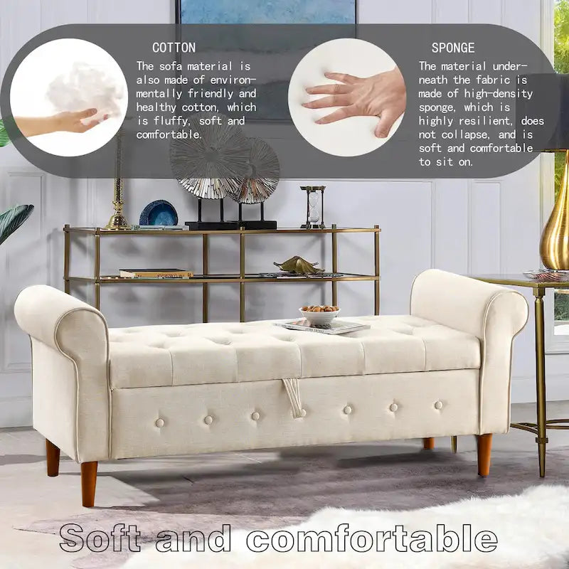 Modern Fabric Upholstered Storage Bench with Tufted Button and Rolled Arm