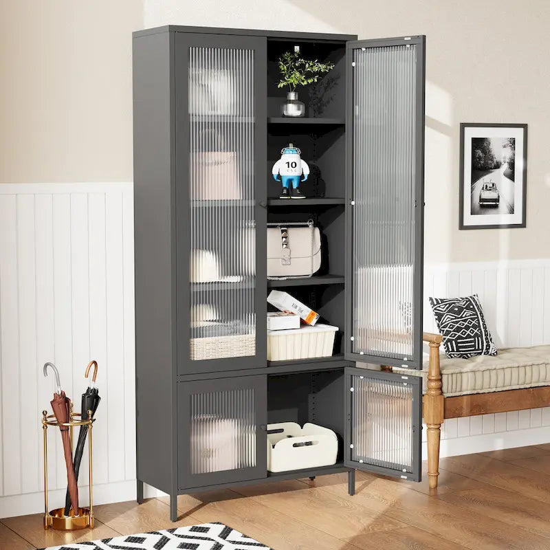 Großer Metall-Vitrinen-Schrank mit 4 Glastüren, 5 Einlegeböden, Sideboard, Bücherregal, freistehender Schrank