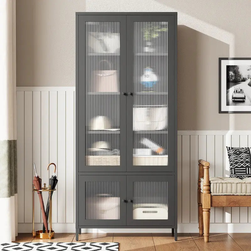 Großer Metall-Vitrinen-Schrank mit 4 Glastüren, 5 Einlegeböden, Sideboard, Bücherregal, freistehender Schrank