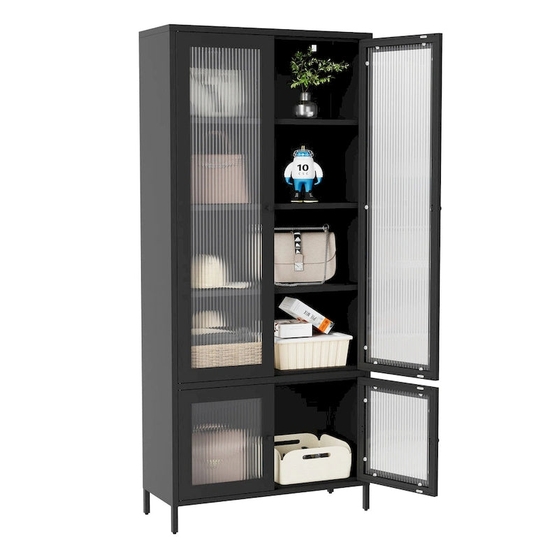 Großer Metall-Vitrinen-Schrank mit 4 Glastüren, 5 Einlegeböden, Sideboard, Bücherregal, freistehender Schrank
