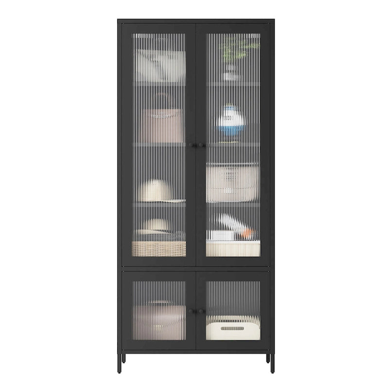 Großer Metall-Vitrinen-Schrank mit 4 Glastüren, 5 Einlegeböden, Sideboard, Bücherregal, freistehender Schrank