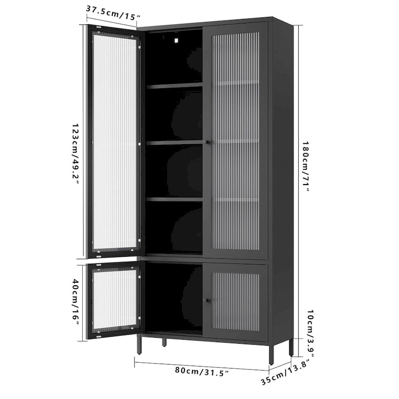 Großer Metall-Vitrinen-Schrank mit 4 Glastüren, 5 Einlegeböden, Sideboard, Bücherregal, freistehender Schrank