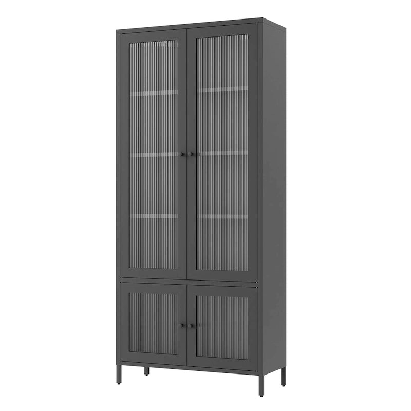 Großer Metall-Vitrinen-Schrank mit 4 Glastüren, 5 Einlegeböden, Sideboard, Bücherregal, freistehender Schrank