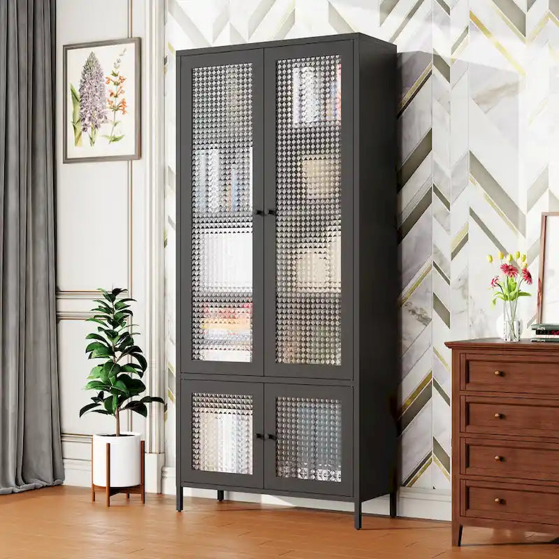 Großer Metall-Vitrinen-Schrank mit 4 Glastüren, 5 Einlegeböden, Sideboard, Bücherregal, freistehender Schrank