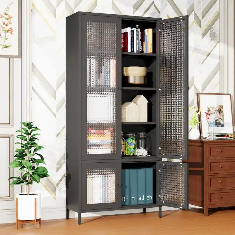 Großer Metall-Vitrinen-Schrank mit 4 Glastüren, 5 Einlegeböden, Sideboard, Bücherregal, freistehender Schrank