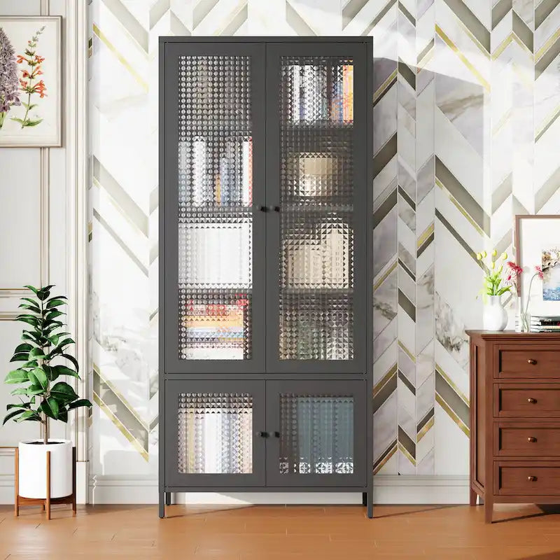 Großer Metall-Vitrinen-Schrank mit 4 Glastüren, 5 Einlegeböden, Sideboard, Bücherregal, freistehender Schrank