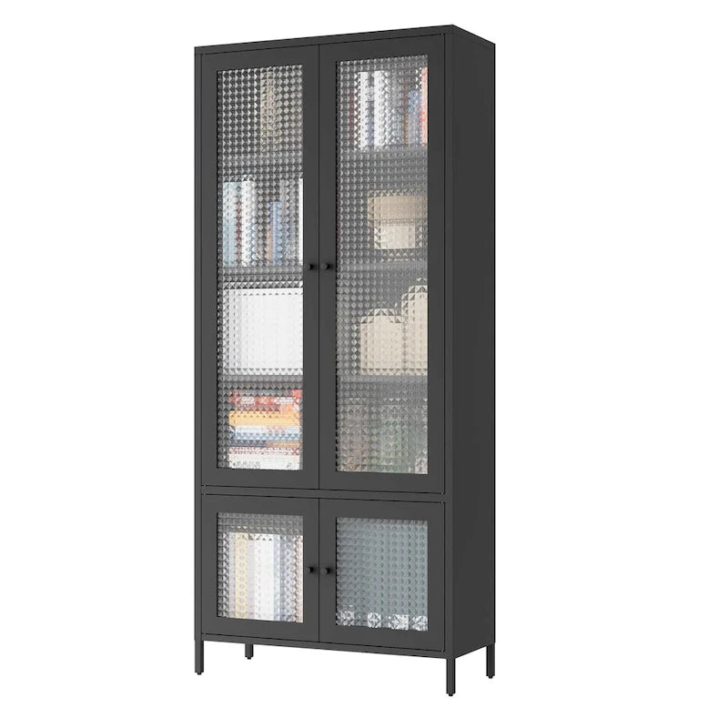 Großer Metall-Vitrinen-Schrank mit 4 Glastüren, 5 Einlegeböden, Sideboard, Bücherregal, freistehender Schrank