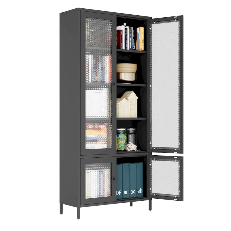 Großer Metall-Vitrinen-Schrank mit 4 Glastüren, 5 Einlegeböden, Sideboard, Bücherregal, freistehender Schrank