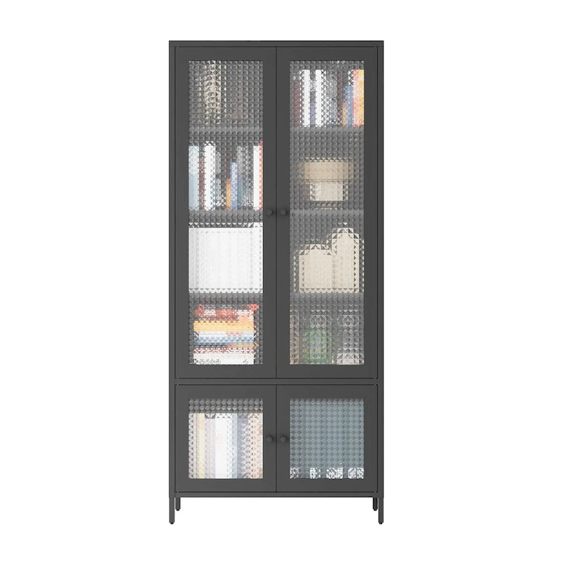 Großer Metall-Vitrinen-Schrank mit 4 Glastüren, 5 Einlegeböden, Sideboard, Bücherregal, freistehender Schrank