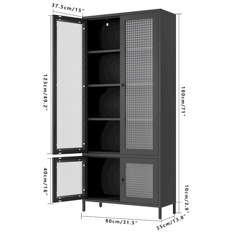 Großer Metall-Vitrinen-Schrank mit 4 Glastüren, 5 Einlegeböden, Sideboard, Bücherregal, freistehender Schrank