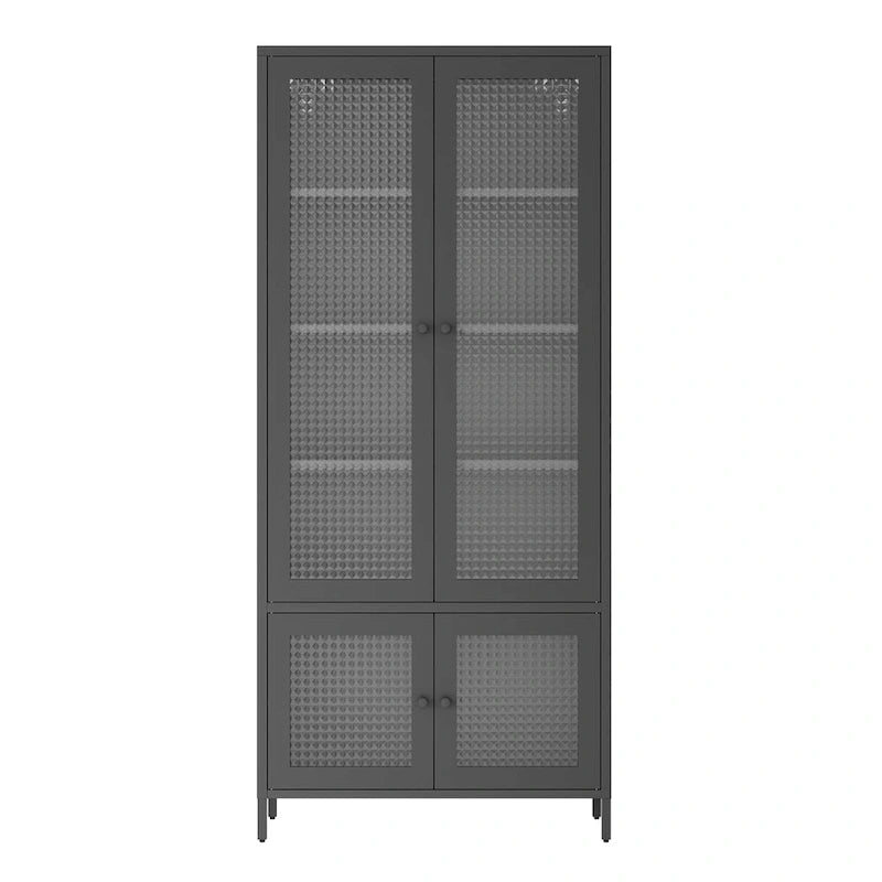 Großer Metall-Vitrinen-Schrank mit 4 Glastüren, 5 Einlegeböden, Sideboard, Bücherregal, freistehender Schrank