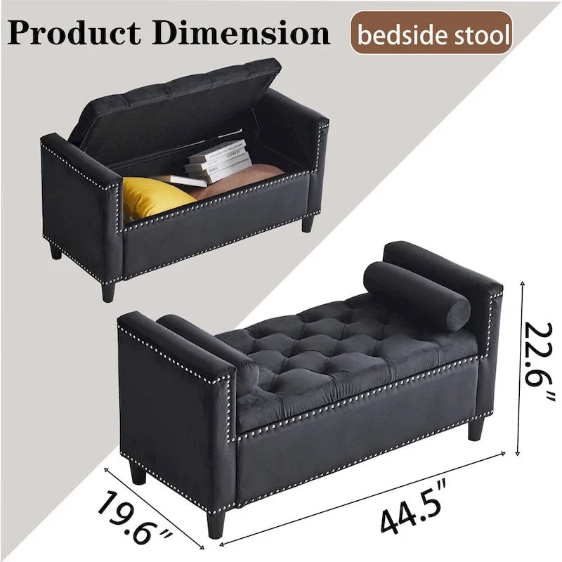 Storage Bench,44.5-Inch Queen Velvet Button Bedside Bench w/Armrests