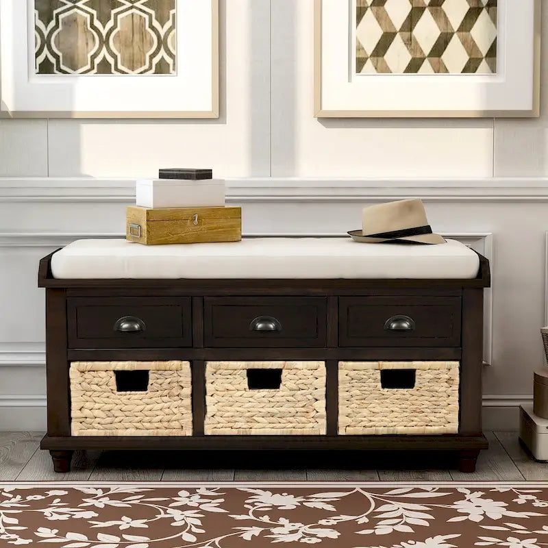 Rustic Storage Bench with 3 Drawers and 3 Rattan Baskets