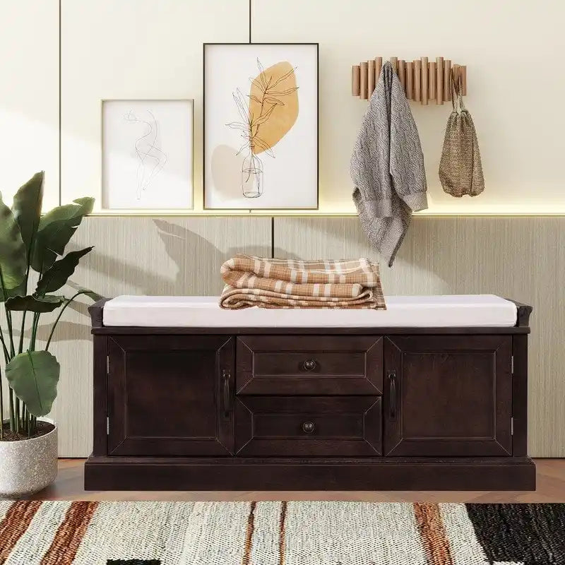 Entryway Shoe Storage Stool with 2 Drawers and Removable Cushion