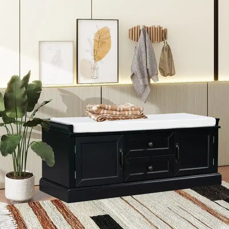 Entryway Shoe Storage Stool with 2 Drawers and Removable Cushion