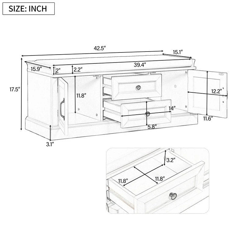 Entryway Shoe Storage Stool with 2 Drawers and Removable Cushion