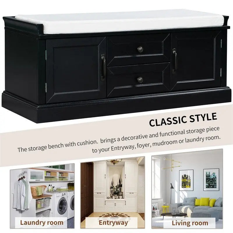 Entryway Shoe Storage Stool with 2 Drawers and Removable Cushion