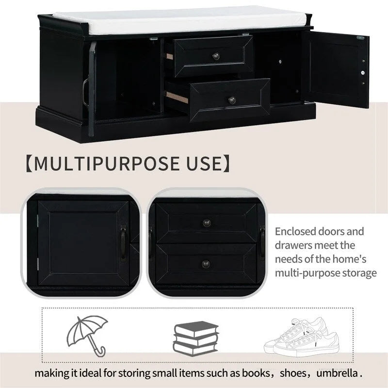 Entryway Shoe Storage Stool with 2 Drawers and Removable Cushion