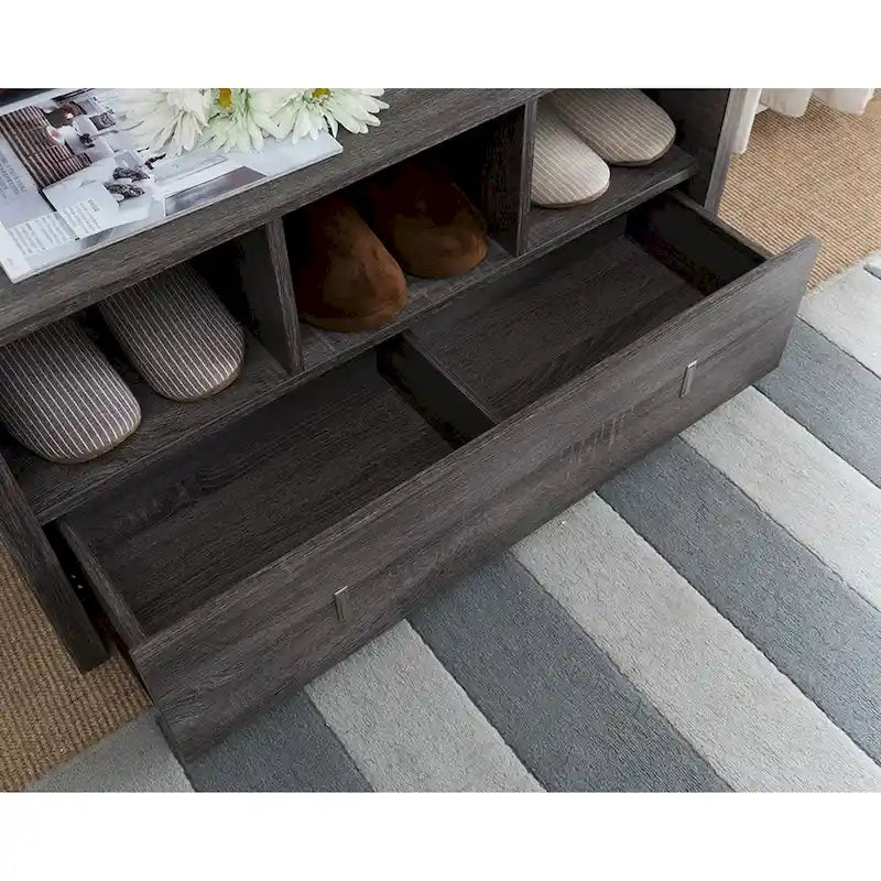 Distressed Grey Shoe Bench with Drawer and 3 Shelves