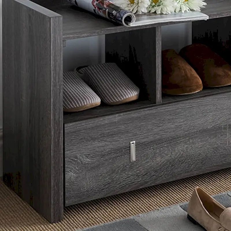 Distressed Grey Shoe Bench with Drawer and 3 Shelves