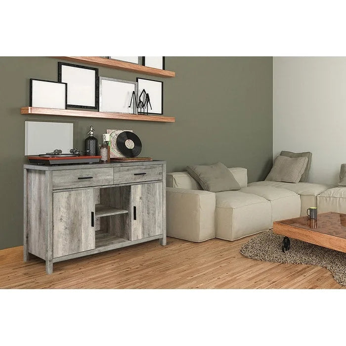 Sideboard-Aufbewahrungsschrank, 120 cm breit, mit zwei Schränken, zwei Schubladen, zwei offenen Regalfächern
