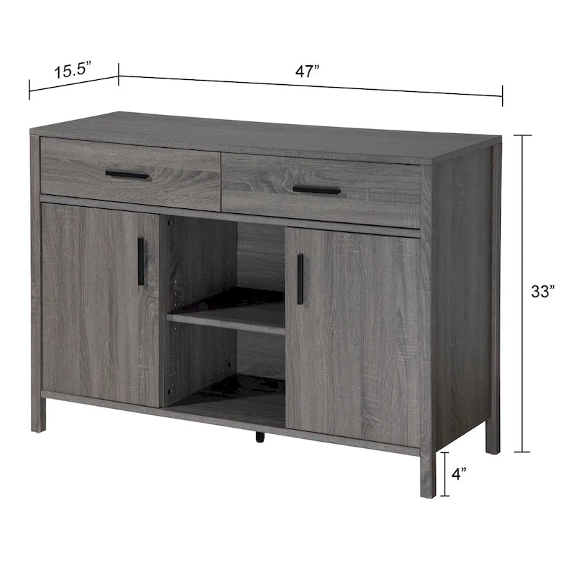 Sideboard-Aufbewahrungsschrank, 120 cm breit, mit zwei Schränken, zwei Schubladen, zwei offenen Regalfächern
