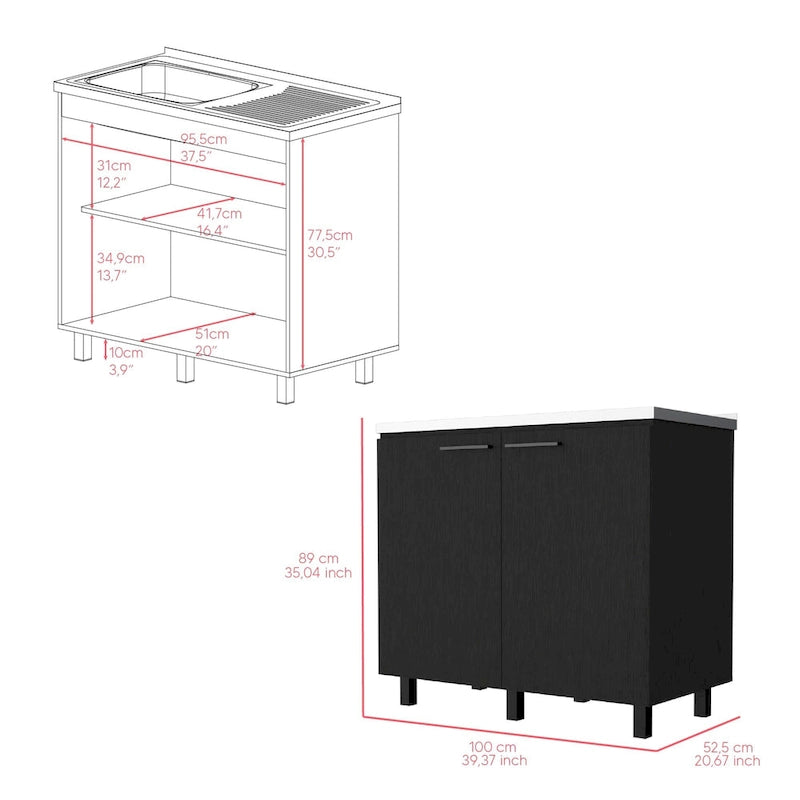 39" Doppelwaschbecken mit Schrank - Edelstahl