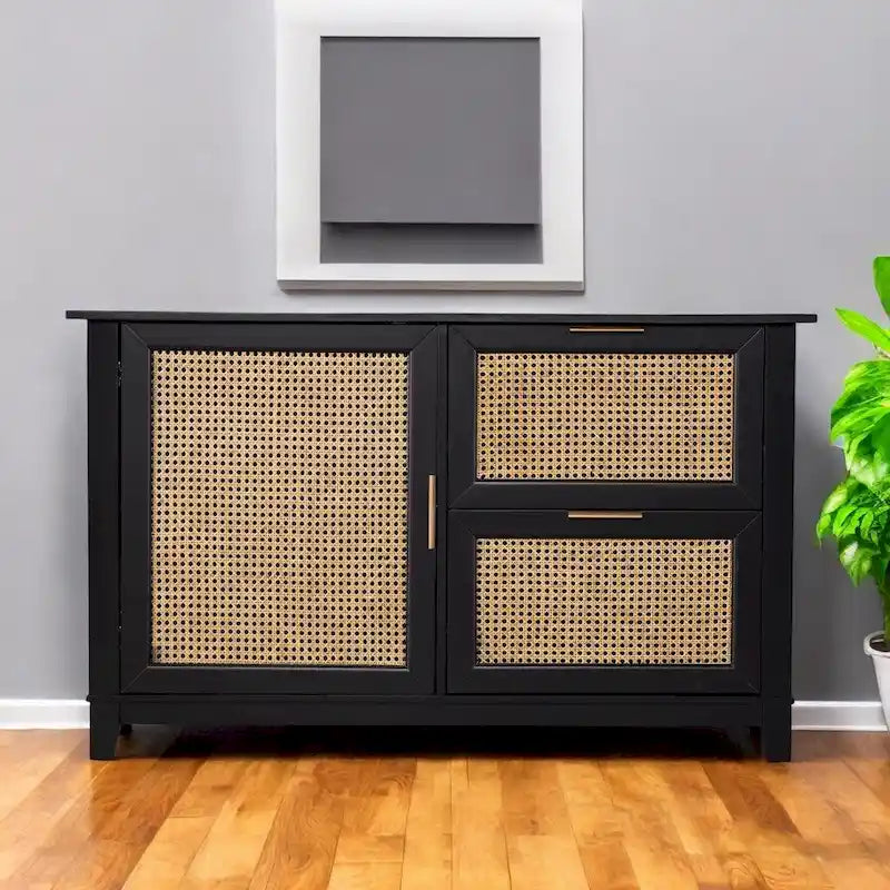 50" Black Solid Wood Two Drawer Sideboard