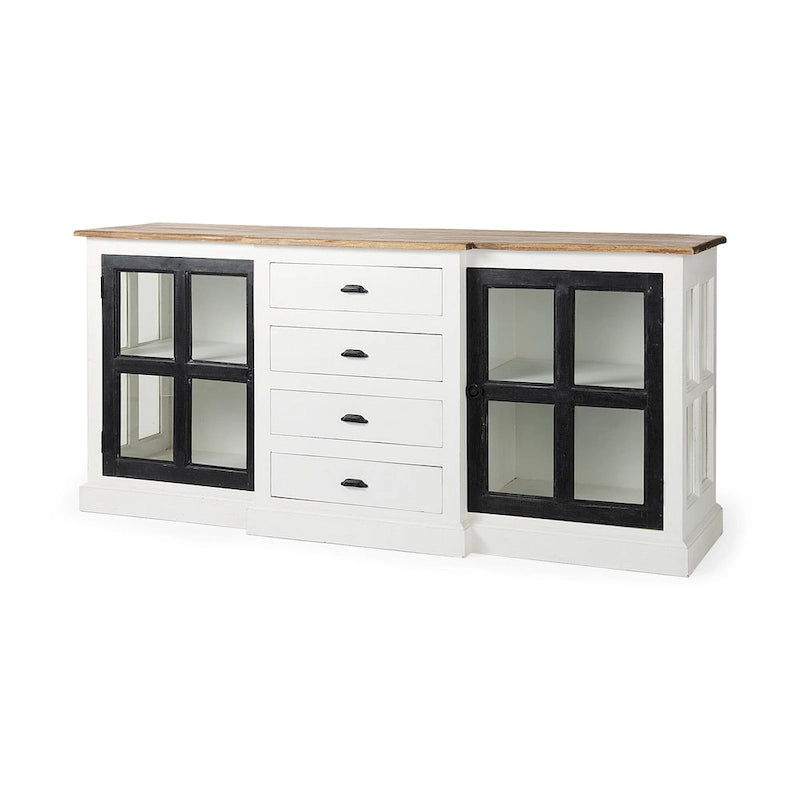 White w/Black Trim & Medium Brown Top Solid Wood Sideboard - 75L x 20.8W x 34.3H