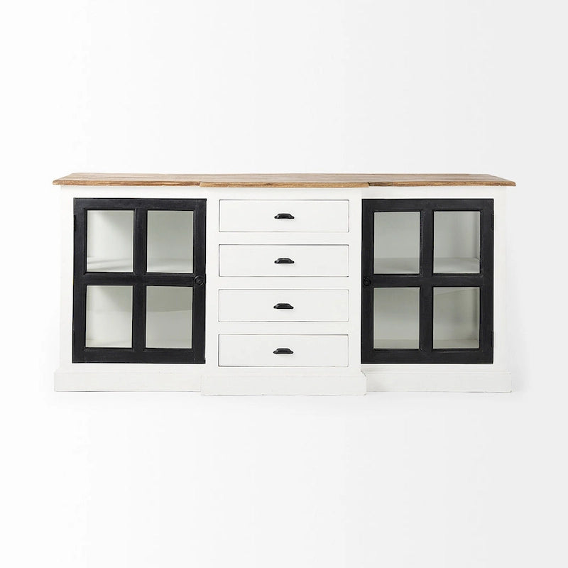 White w/Black Trim & Medium Brown Top Solid Wood Sideboard - 75L x 20.8W x 34.3H