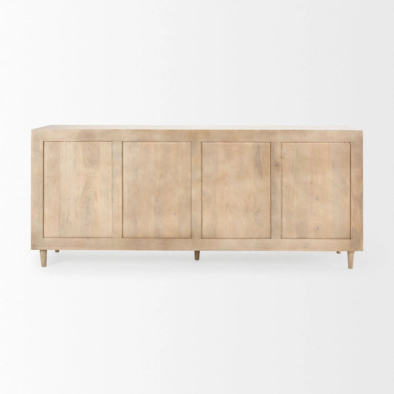 Hellbraunes Massivholz-Sideboard mit gemusterten Türen – 71.75B x 30H x 15T