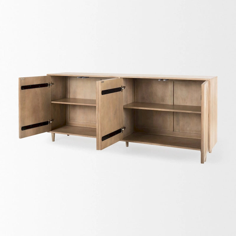 Hellbraunes Massivholz-Sideboard mit gemusterten Türen – 71.75B x 30H x 15T