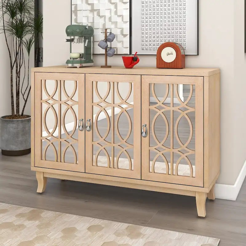 Sideboard mit Glastüren, verspiegelter Anrichtenschrank mit 3 Türen