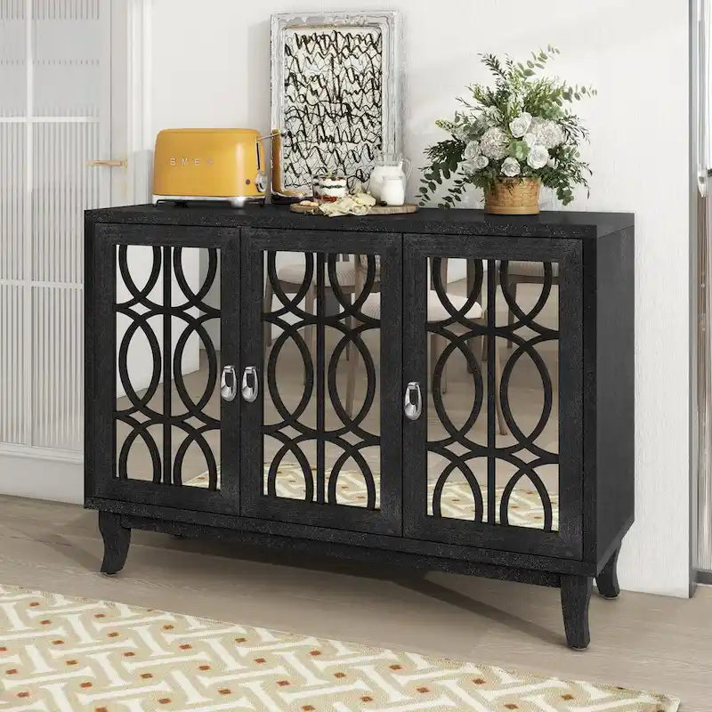 Sideboard mit Glastüren, verspiegelter Anrichtenschrank mit 3 Türen