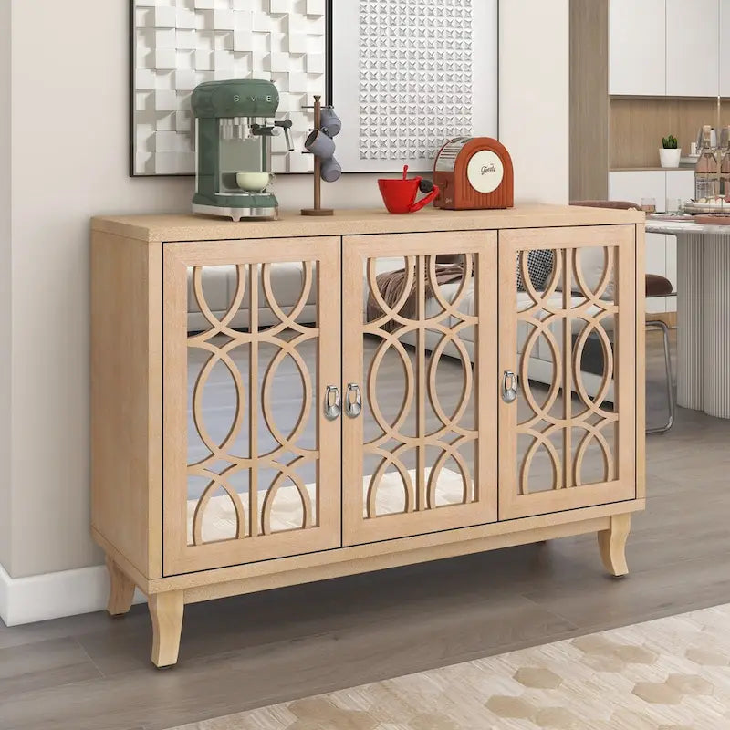Sideboard mit Glastüren, verspiegelter Anrichtenschrank mit 3 Türen