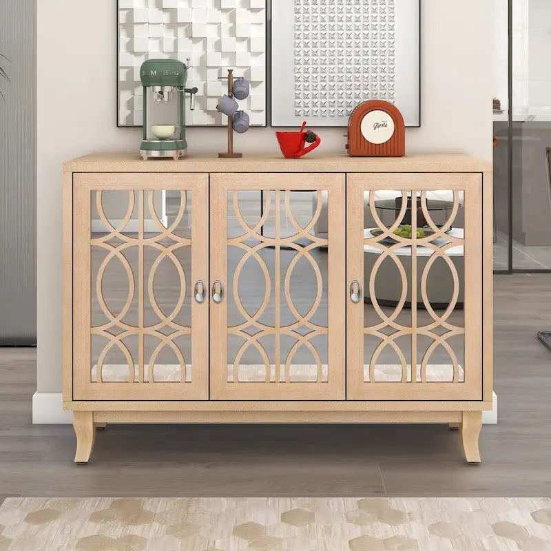 Sideboard mit Glastüren, verspiegelter Anrichtenschrank mit 3 Türen