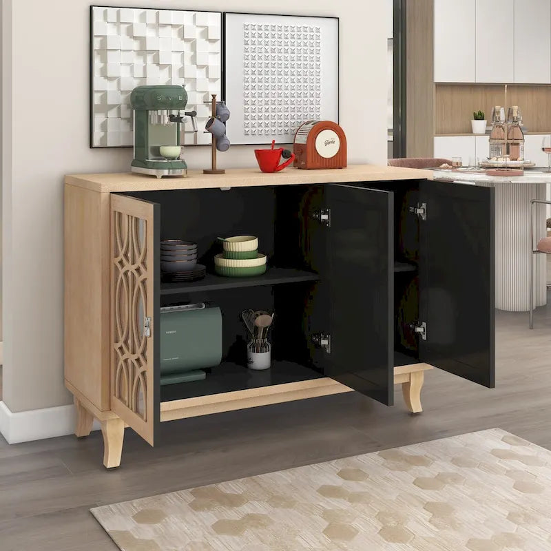 Sideboard mit Glastüren, verspiegelter Anrichtenschrank mit 3 Türen