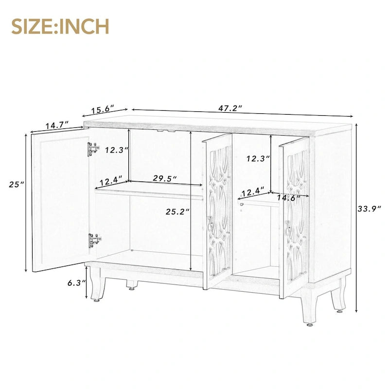 Sideboard mit Glastüren, verspiegelter Anrichtenschrank mit 3 Türen