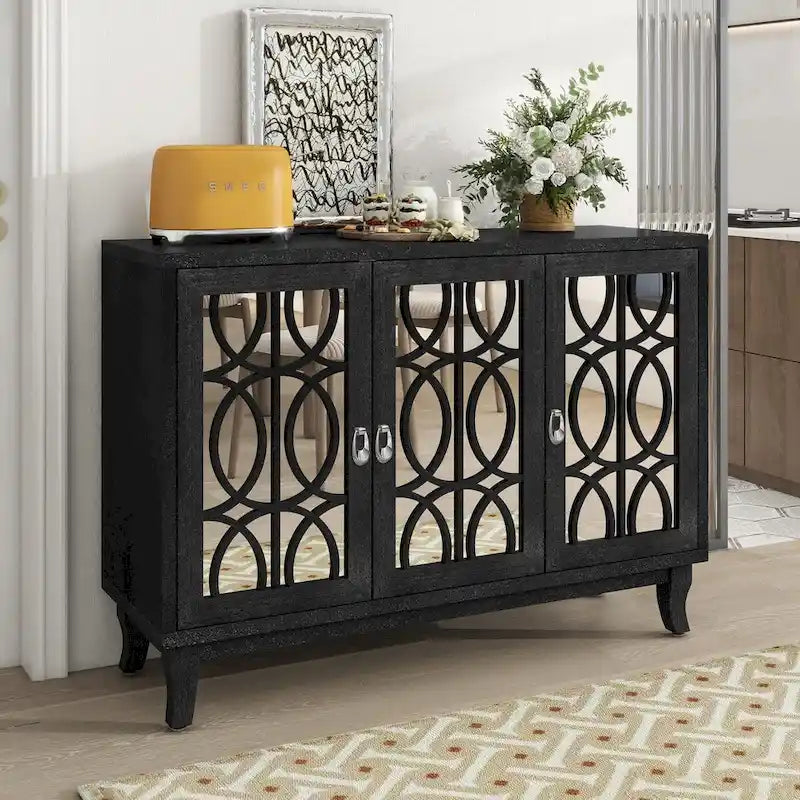 Sideboard mit Glastüren, verspiegelter Anrichtenschrank mit 3 Türen