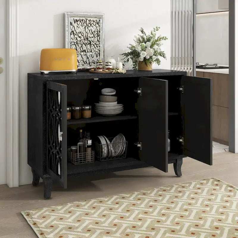 Sideboard mit Glastüren, verspiegelter Anrichtenschrank mit 3 Türen
