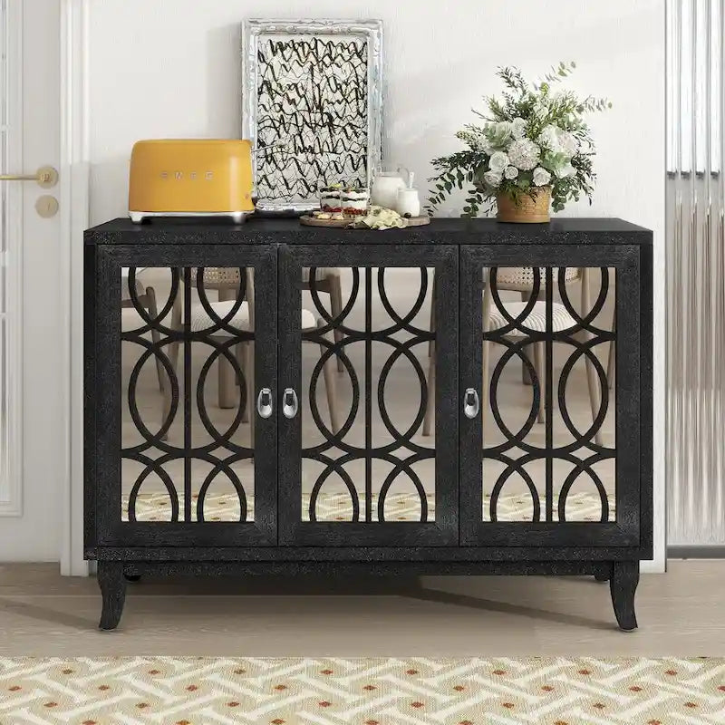 Sideboard mit Glastüren, verspiegelter Anrichtenschrank mit 3 Türen