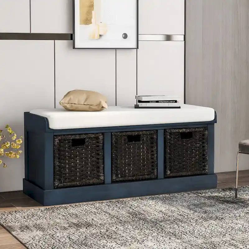 Rustic Storage Bench with 3 Removable Classic Rattan Basket , Entryway Bench with Removable Cushion
