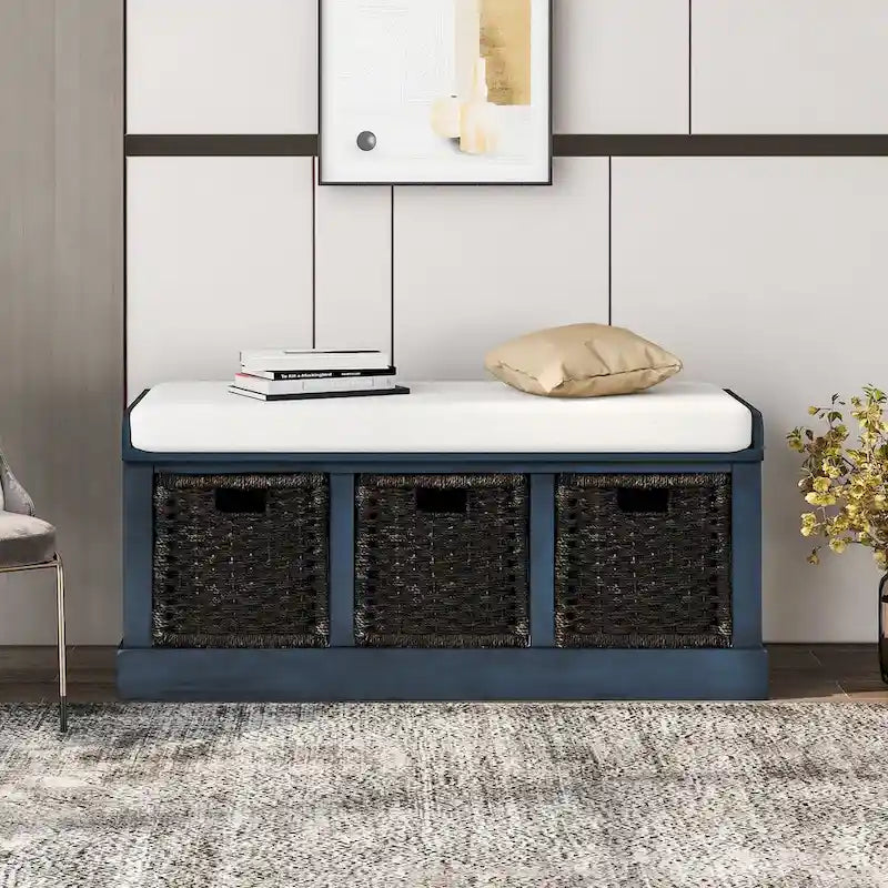 Rustic Storage Bench with 3 Removable Classic Rattan Basket , Entryway Bench with Removable Cushion