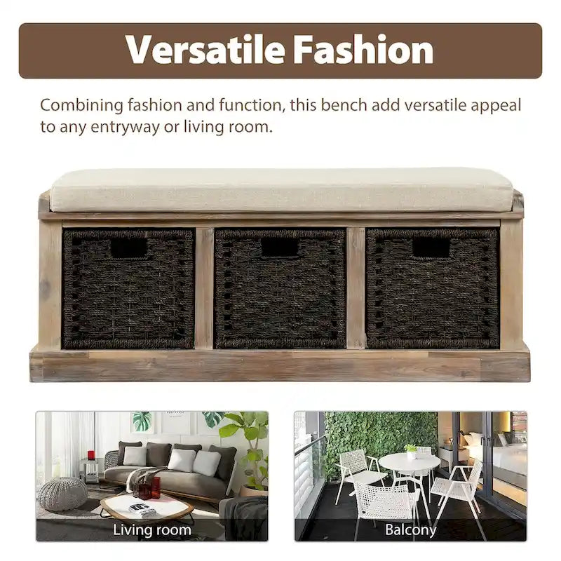 Rustic Storage Bench with 3 Removable Classic Rattan Basket , Entryway Bench with Removable Cushion