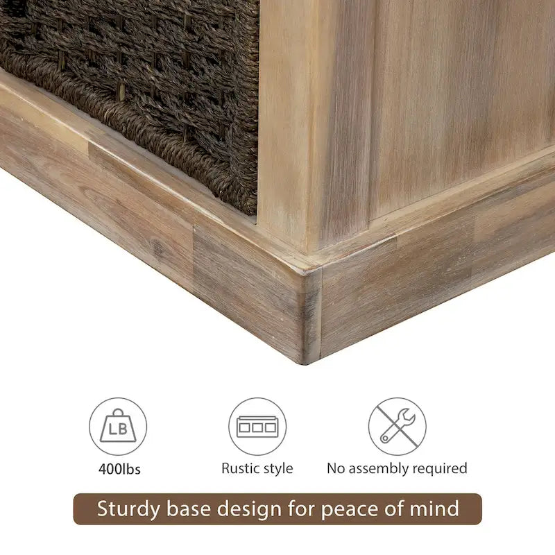Rustic Storage Bench with 3 Removable Classic Rattan Basket , Entryway Bench with Removable Cushion