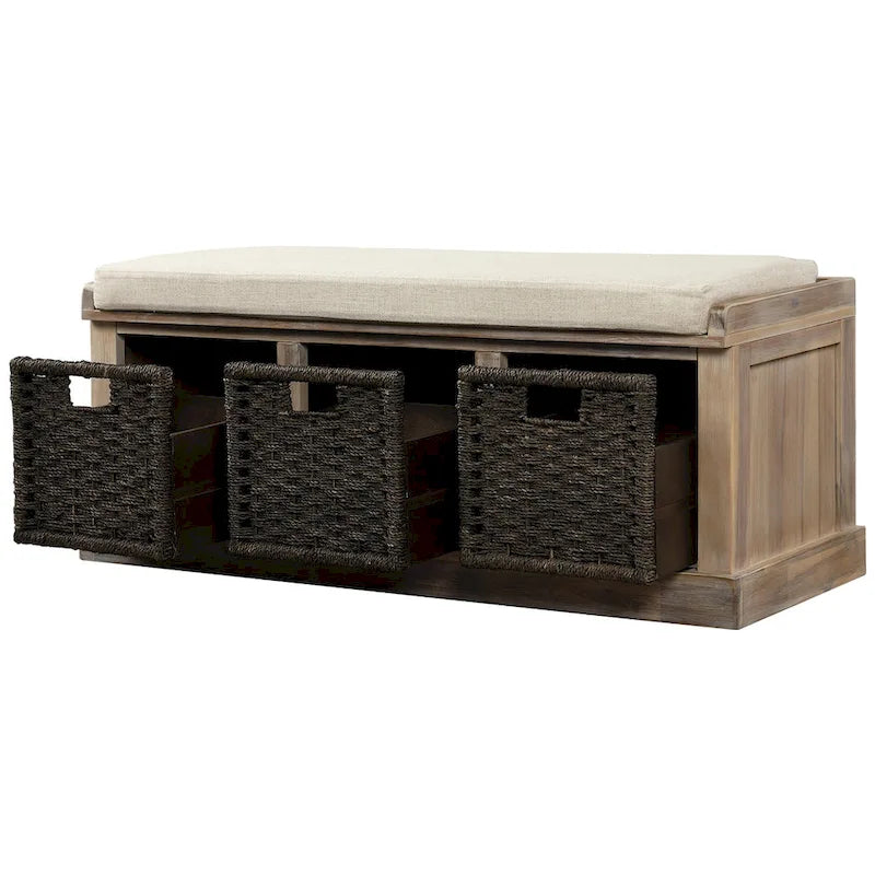 Rustic Storage Bench with 3 Removable Classic Rattan Basket , Entryway Bench with Removable Cushion